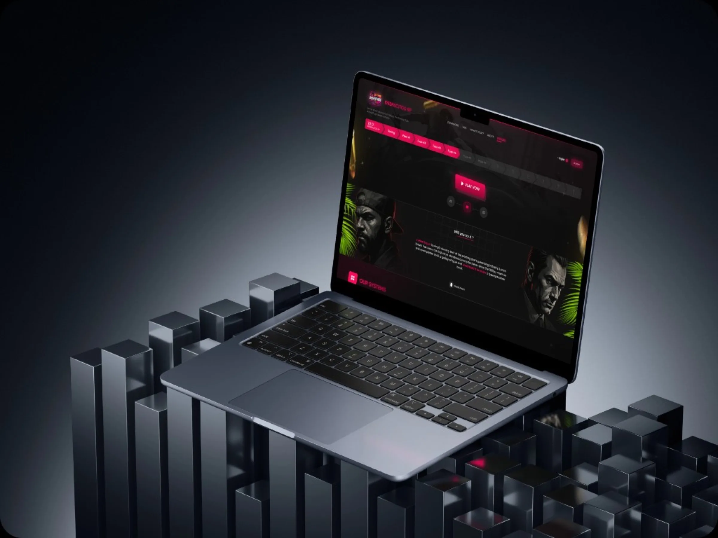 Laptop-Mockup einer Gaming-Website auf metallischen Säulen