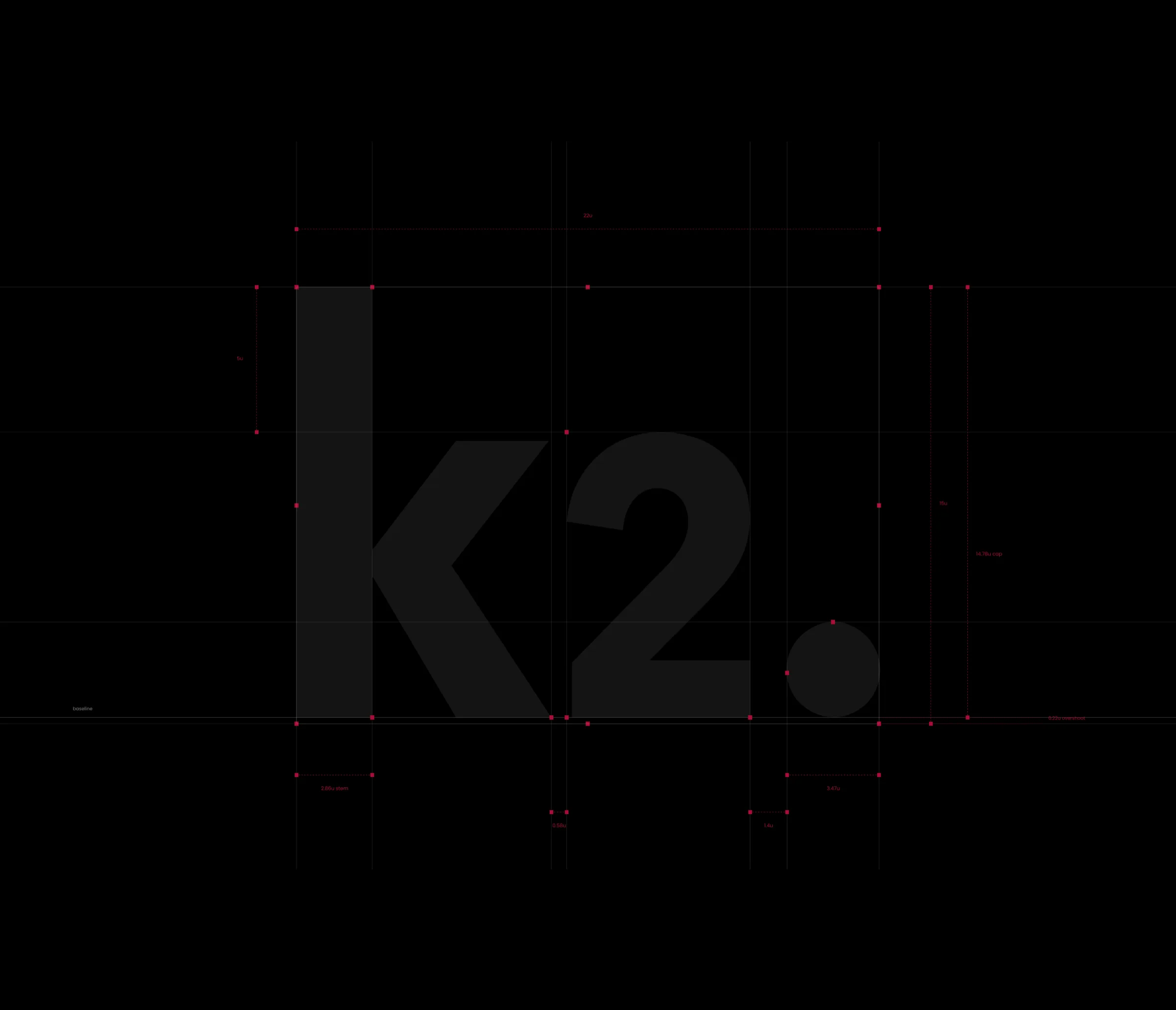 k2.komm Wortmarke auf Konstruktionsraster mit Proportionsangaben