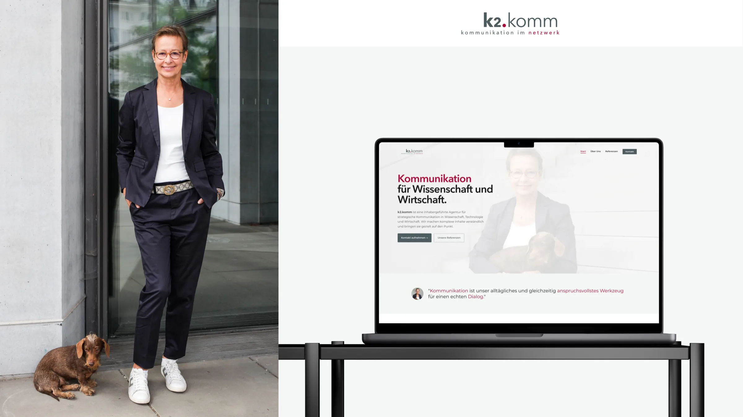 k2.komm — Frau mit Brille und Dackel vor modernem Gebäude, neben Website-Mockup