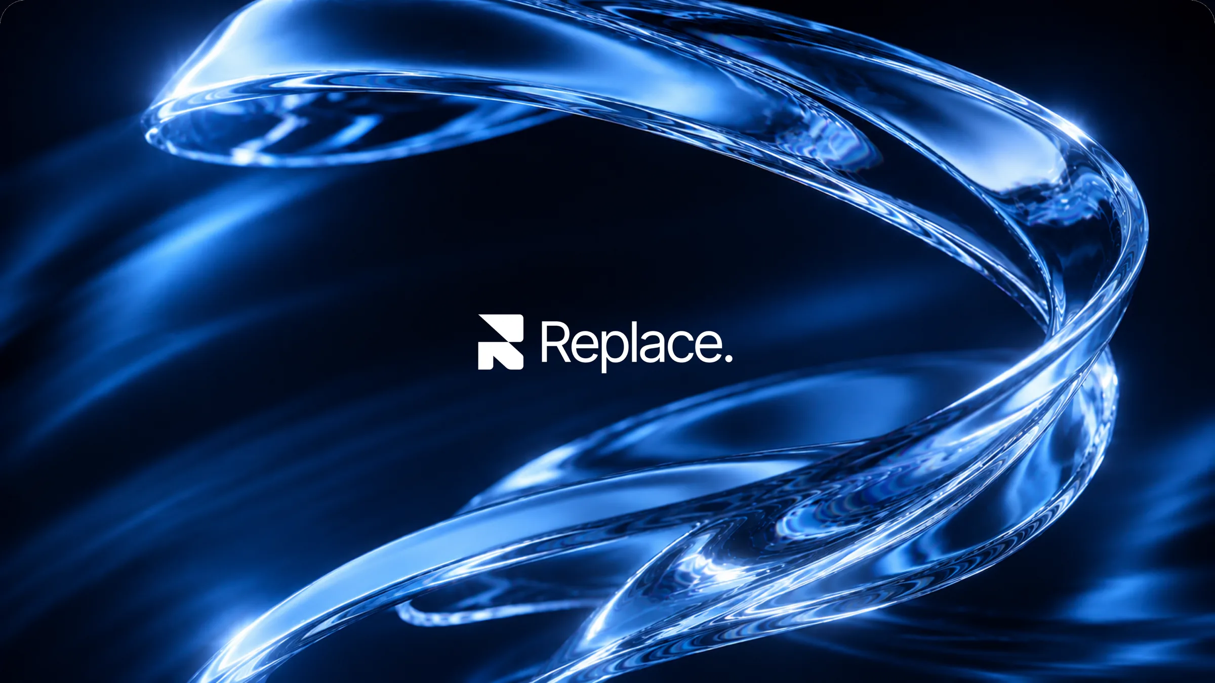 Replace. Wordmark auf dunklem Glas-Ribbon Hintergrund — Brand Identity Surface