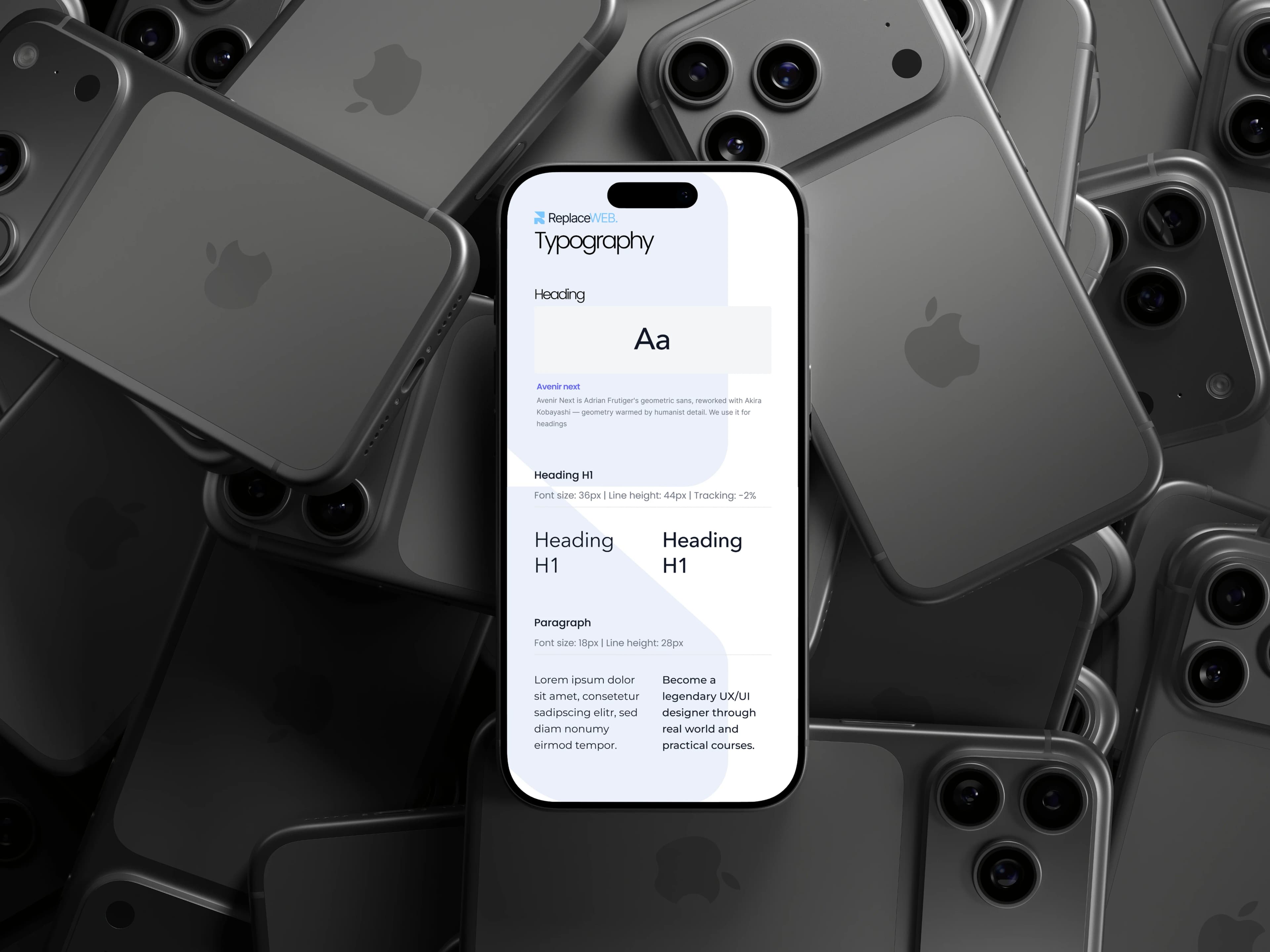Smartphone mit ReplaceWEB.-Schriftsystem vor einem Stapel dunkler Phones