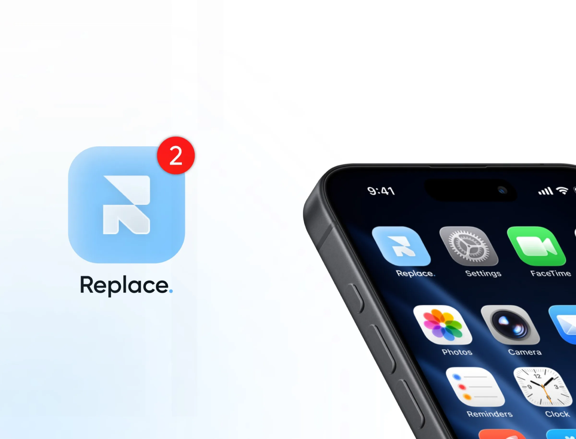 Replace.-App-Icon und Smartphone-Homescreen mit der Marke auf dem Device