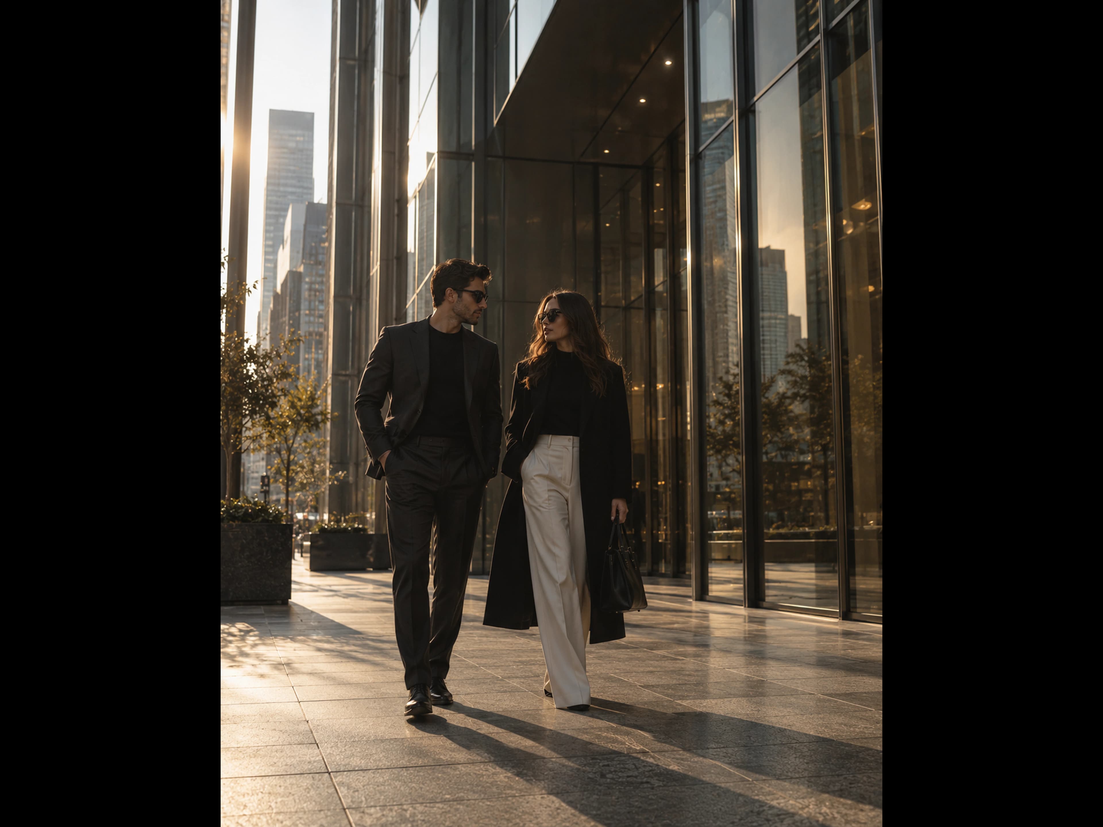 Two people walking past a glass facade in warm evening light