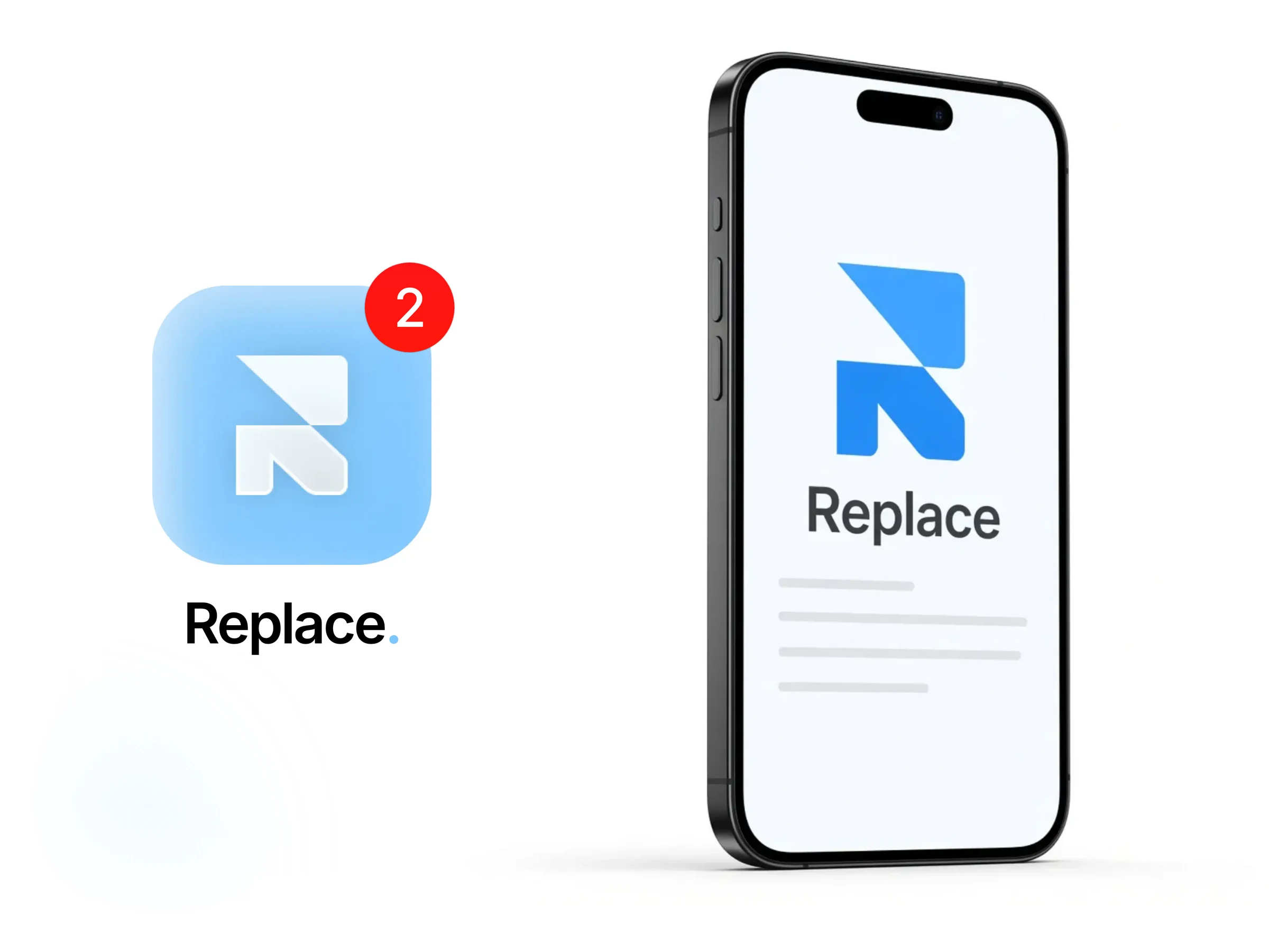 Replace. app icon next to a phone showing the Replace logo on its display