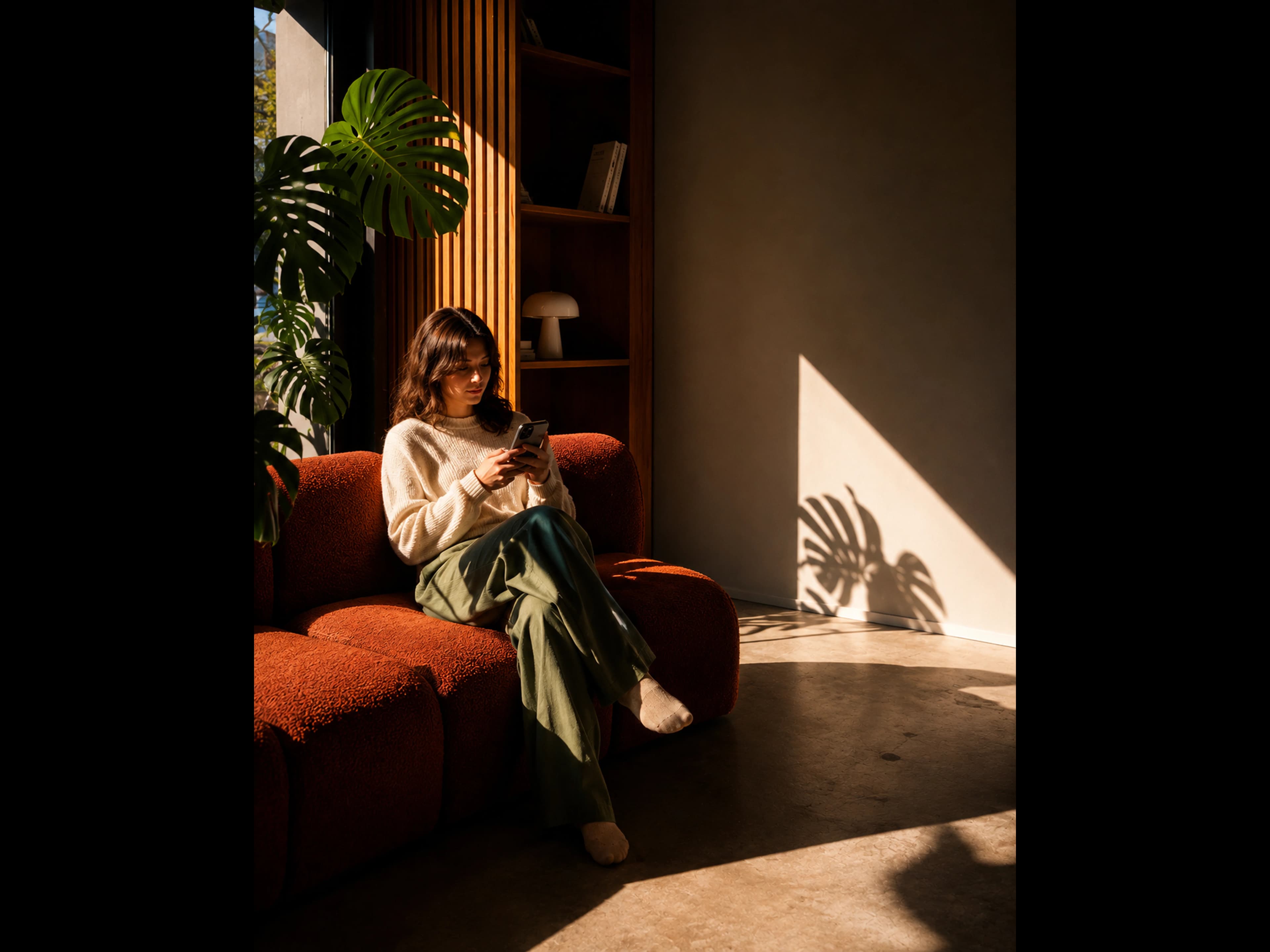 Frau auf terrakottafarbenem Sofa mit Smartphone, Monstera und warmem Seitenlicht