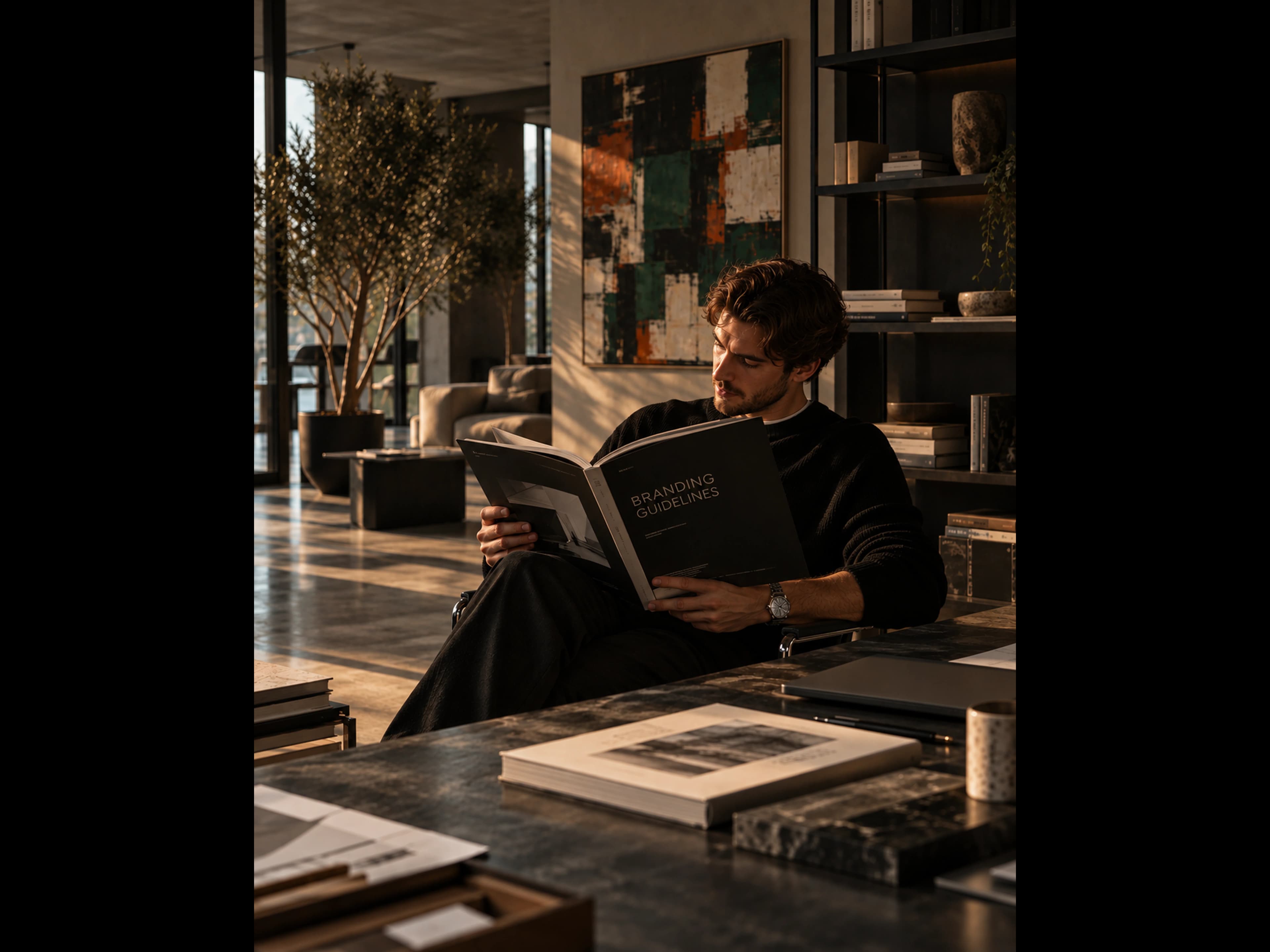 Man reading branding guidelines at a wooden table in warm side light