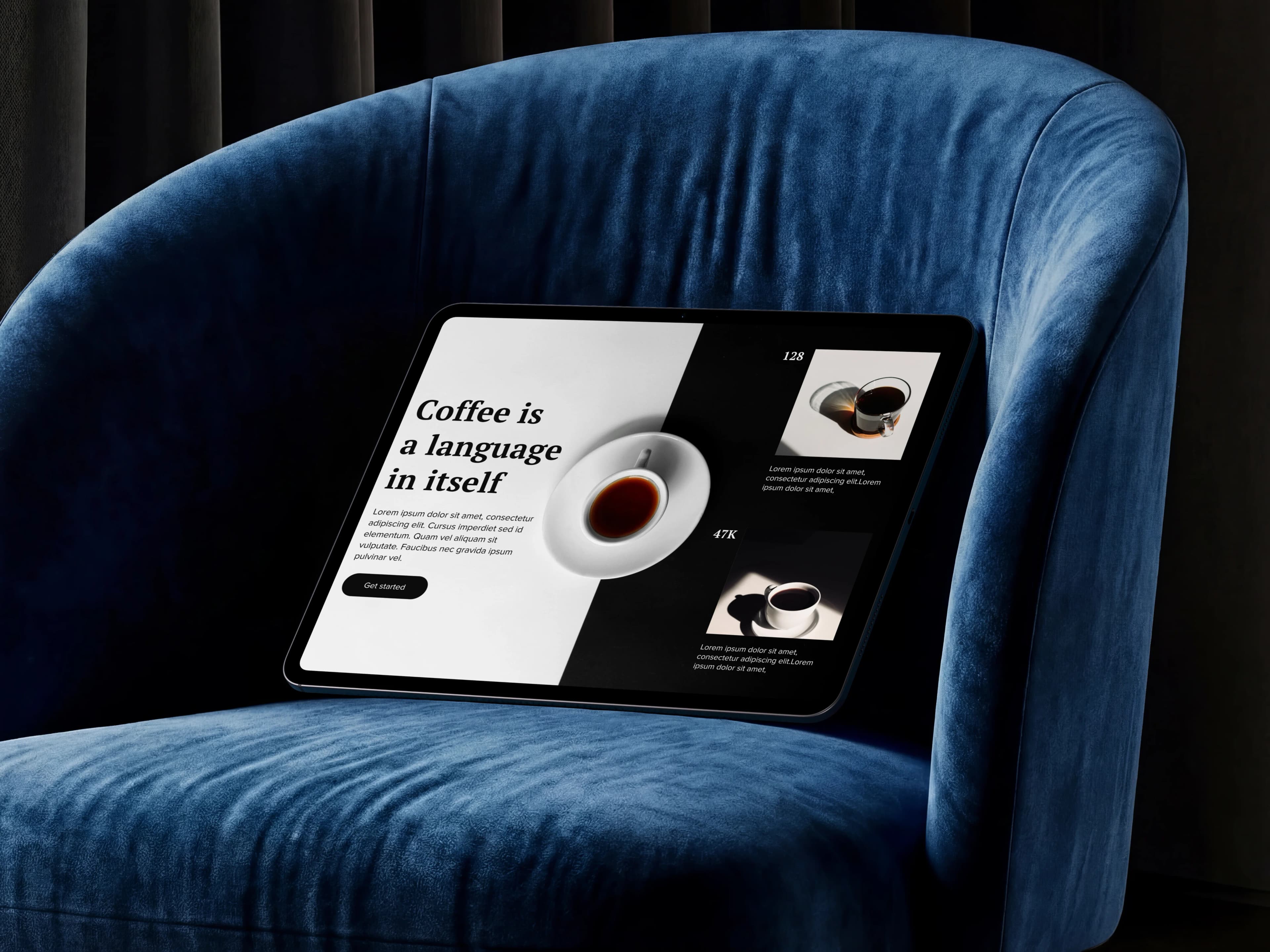 iPad on a blue velvet chair with a corporate website mockup — coffee editorial and stats