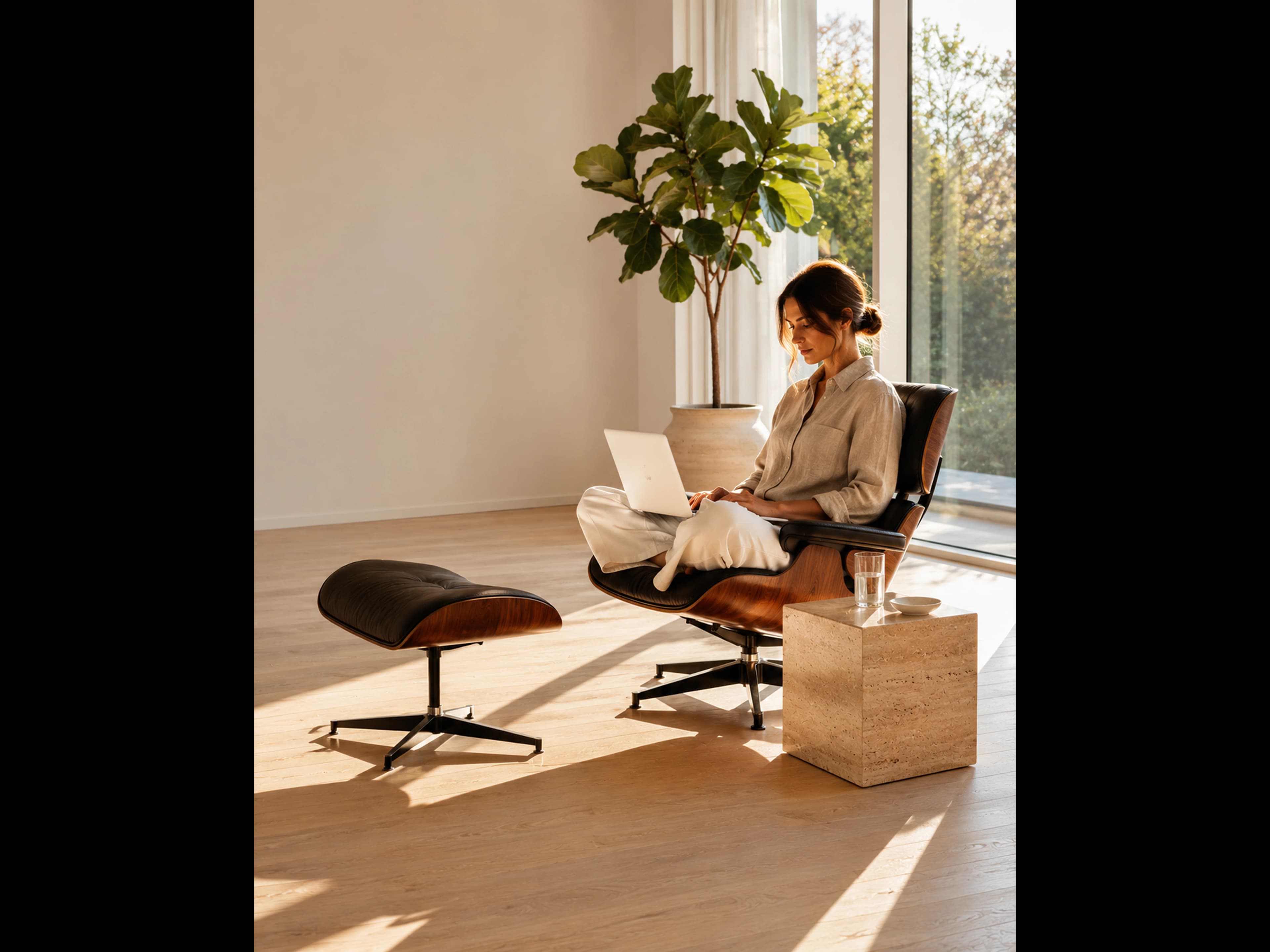 Woman with laptop in a lounge chair, warm side light and a large plant
